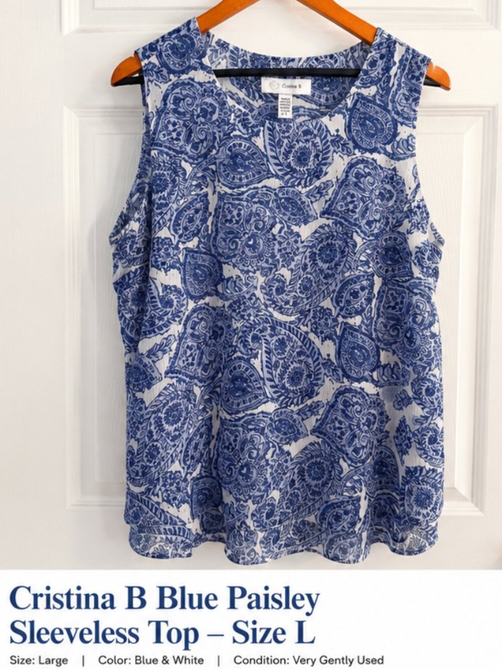 Cristina B Blue & White Paisley Sleeveless Blouse Top Size L